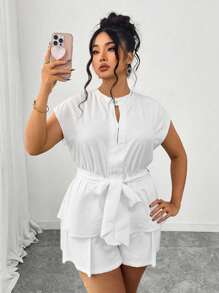 Elenzga 2pcs/Set Plus Size Women's Casual Chinese Style Vacation Outfit, Loose Fit Comfortable Fashion Tops & Shorts Suitable For St. Patrick's Day, Easter, Valentine's Day, Christmas, Thanksgiving, Summer, Independence Day