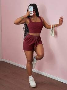 Slaydiva 2025 年夏季新款音乐节、复活节、日常、基础百搭、休闲、度假、巡航、海滩、日光浴、时尚、街头风方领无袖上衣和修身短裤套装，带有线、条纹、领带、口袋、隐形拉链、仿雪花、绿色、女式 2 件套 - 酒紅色 - 查看 3