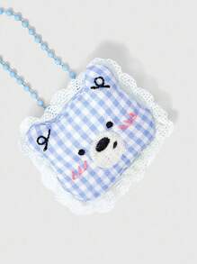 ROMWE Kawaii 蓝色格子泰迪熊钥匙扣，可爱甜美珍珠链吊坠饰品，钱包饰物