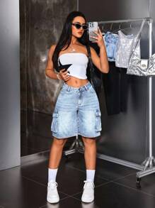 SHEIN Tall Y2K 风格口袋牛仔短裤，水洗休闲女式百慕大短裤骑行裤 - 淺色水洗藍 - 查看 7