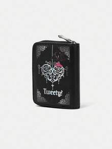 LOONEY TUNES X SHEIN Portofel scurt negru la modă cu model de litere și desene animate