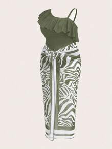 Swim Oasis 2pcs Plus Size Women Ruffled Collar Random Print One-Piece Swimsuit With Matching Skirt Coverup - Olive Green - View 8