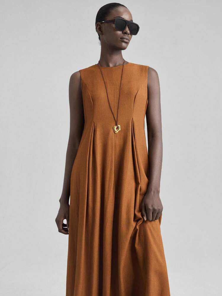 Women's Linen Sleeveless Dress With Back Slit, Elegant Loose Vacation Dress For Daily Urban Commute Business Casual, Graceful Ladies Dress