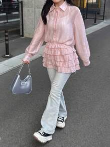 FRIFUL 2pcs Women Solid Color Sweet Casual Back To School Outfit, Layered Shirt And Skirt Set, Autumn