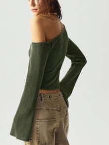 Bohemela Lässiges Strick-T-Shirt für Frauen mit einfarbigem Schalkragen, Glockenärmeln und tailliertem, verkürztem Schnitt