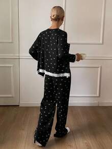 DAZY 3Pcs/Set Bow Print Colorblock Lace Patchwork Camisole Top & Pants & Robe Sleepwear Pajama Set, Spring, Fall Winter Clothes - Black - View 2