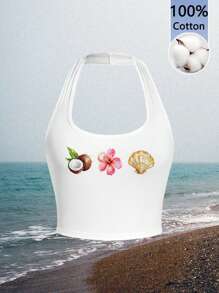 SHEIN EZwear Women's White Casual Sexy Camisole Tank Top Suitable For Summer, With Starfish, Hibiscus, Shell Print, Coconutgirl, Girl Trip, Music Festival Back To School White Crop Top Women Summer Crop Tops Women Crop Tops Women Seashell Crop Top Coconut Hibiscus Graphic Crop Top - White - View 2