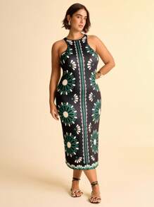 CAJUNI Damen Große Größen Boho Tropical Muster Grün ärmelloses Bodycon Maxikleid, schwarzes lässiges Urlaubs-Maxikleid - Verschiedenfarbig - Übersicht 3