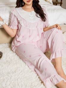 CottageSlumber Bộ đồ ngủ ren hoa cổ bẻ in nơ sọc tay bồng cỡ lớn cho nữ - Màu Hồng baby - Xem 5