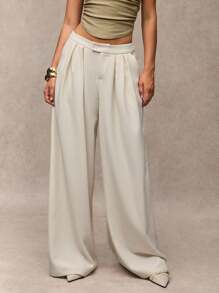 SHEIN BAE Quần ống rộng xếp ly cạp cao màu trơn cho nữ thường ngày - Màu be - Xem 5