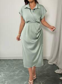 Elenzga 大码女式春夏缎面法式简约高端通勤别致优雅办公室下午茶会鸡尾酒 V 领落肩袖褶皱腰衬衫裙，松紧腰带和褶皱裙摆 - 綠色 - 查看 6