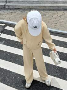 SHEIN Girl's Casual Solid Color Minimalist Daily Long Sleeve Zip Up Jacket, With Elastic Cuff And Hem, Suitable For Work Commute, Spring/Autumn - Khaki - View 7