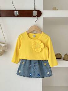 SHEIN Playful Pals 女婴春秋时尚街头风格可爱两件套：黄色长袖花朵装饰上衣和印花牛仔 A 字裙，适合日常穿着、拍照和旅行 - 彩色 - 查看 10
