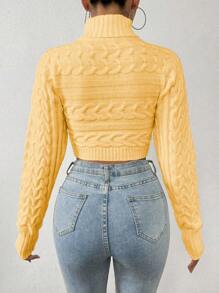 Chiquease Women High Neck Long Sleeve Crop Sweater With Cable Cable Pattern Knit Pullover Fall Winter - Butter Yellow - View 2