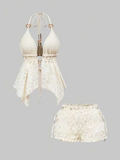 ROMWE Avant Y2K Stil hölzerne Perlen Dekor Top mit Spaghettiträgern und rückenfreiem Design & Shorts mit tiefer Taille und Bubbler-Form, 2 Stücke Set für Damen