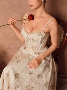 Savoree Women Vintage Floral Elegant Sleeveless A-Line Dress, Resort Vacation Party Dress For Spring/Summer - Apricot - View 7