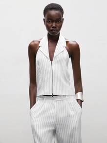 Lumivelle 女士时尚黑白条纹露背金属拉链衬衫，复古富贵风格，适合返校、教师和大学生穿着，款式端庄得体。 - 黑與白 - 查看 5