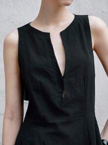 Chiquease Women's Simple Elegant Solid Color Notch Collar Ruffle Hem Sleeveless Blouse Clothes For University