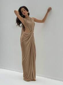 Aloruh Váy suông bodycon xẻ tà không tay - Màu Khaki - Xem 7