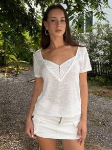 DAZY Camiseta interior con encaje en la espalda y escote de unicolor para mujer - Blanco - Ver 1