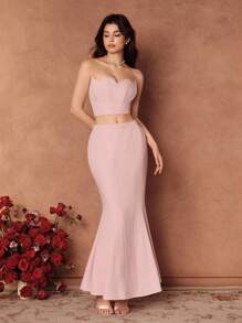 SHEIN Unity Rosa elegantes romantisches figurbetontes Kleid mit asymmetrischem Ausschnitt und Fischschwanz-Rock, geeignet für Dates, formelle Anlässe, Hochzeitsgast-Rock - Pink - Übersicht 5