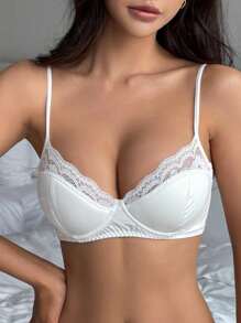 DAZY White Lace Padded Cotton Cup Sexy Lace Patchwork Women Bra Lingerie - White - View 5