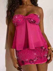 Opulessa Áo dự tiệc quây màu đỏ hồng có viền xòe và chi tiết thắt nút, Áo dự tiệc thanh lịch cho các bữa tiệc - Màu Hoa hồng đỏ - Xem 4