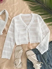 Tween Girls Hollow Out Knit Cardigan, Comfortable & Versatile For Home, Casual Outings, Beach Vacation, Parties, Soft Material