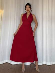 Rafferiza Đầm dài hở lưng không tay màu trơn cho nữ, gợi cảm - Đỏ - Xem 3