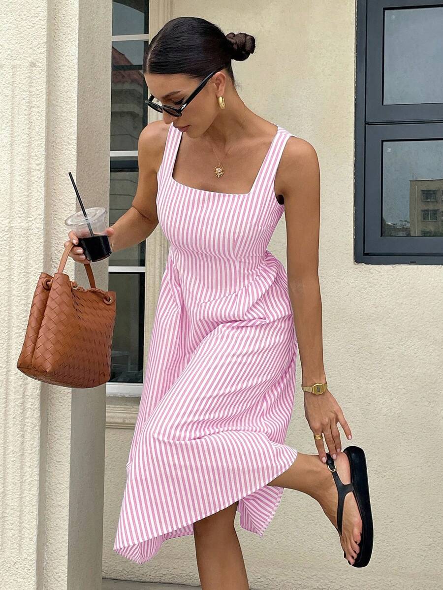 Siren Gaze Women Stripe Print Sleeveless Square Neck Mid-Length Dress For Summer Pink