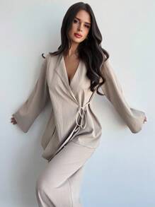 Firerie 女士亚麻两件套服装、毕业典礼服装、女士教师服装、返校服装、秋季女装、复古风服装、女士办公室服装 - 卡其色 - 查看 5