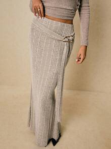 Poéselle Women's Solid Color Elastic Waist Ribbed Skirt - Apricot - View 6