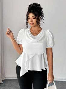 Elenzga Blusa de mujer talla grande casual, elegante, sexy y romántica de unicolor con mangas de obispo cortas y cuello drapeado - Blanco - Ver 4