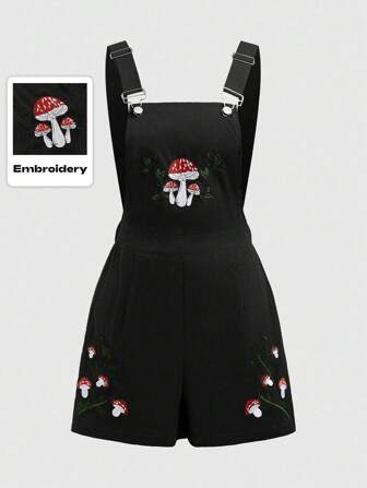 Fairycore Plus Size Women's Vine & Mushroom Embroidery Jumpsuit With Straps