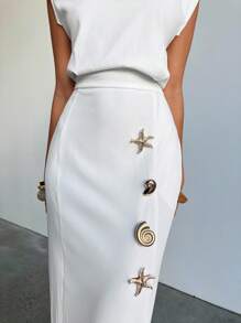 Aloruh Đầm dài màu trắng trơn cổ tròn thắt eo thanh lịch cho nữ đi làm - trắng - Xem 8