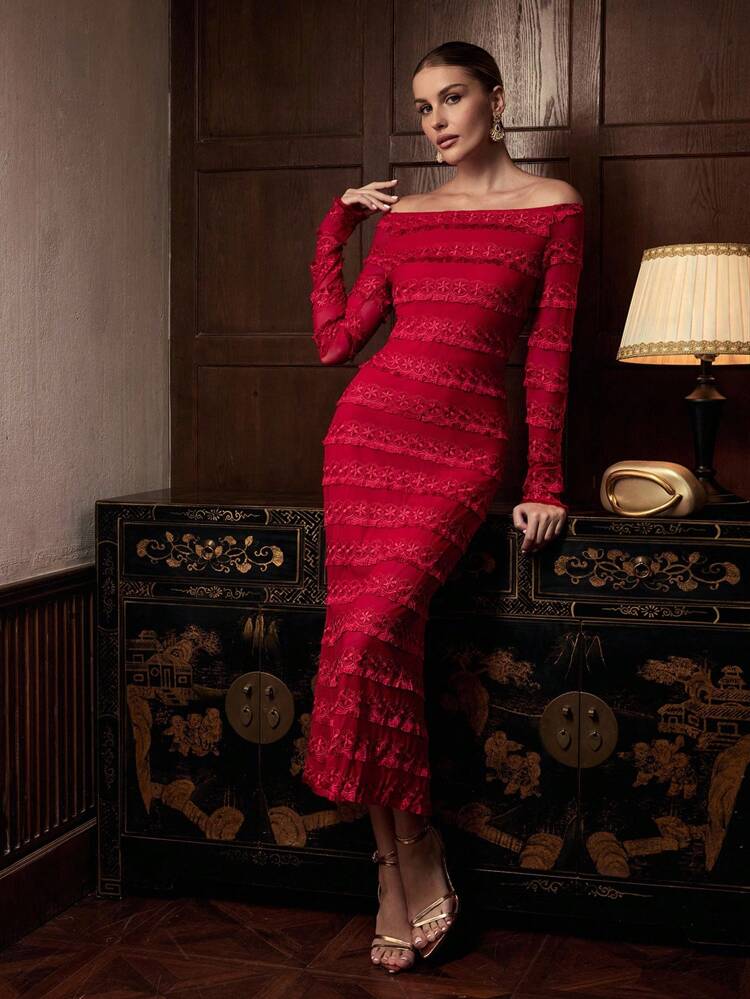 ZEYLAH Women's Floral Embroidery Off-Shoulder Long Sleeve Bodycon Dress, Elegant