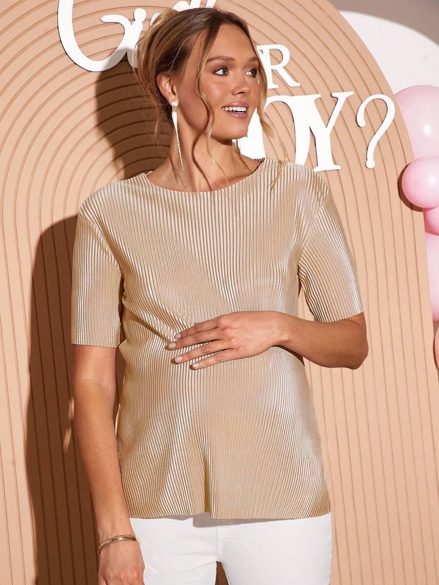 Loomaby 孕妇纯色圆领短袖休闲宽松T恤 - 卡其色 - 查看 1