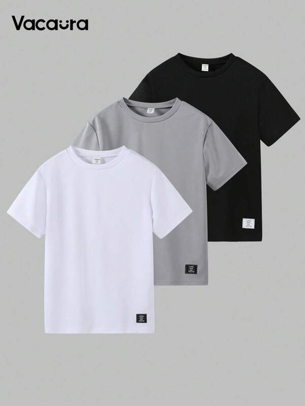 SHEIN 3pcs/Set Tween Boy Crewneck T-Shirt With Applique Decoration, Short Sleeve Top, Spring/Summer