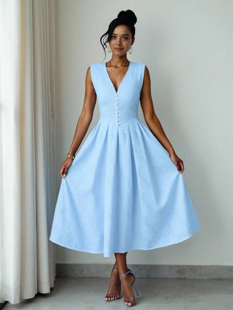 SHEIN ChicEase Váy chữ A khoét nút lưng cao không tay - Màu xanh lam - Xem 1