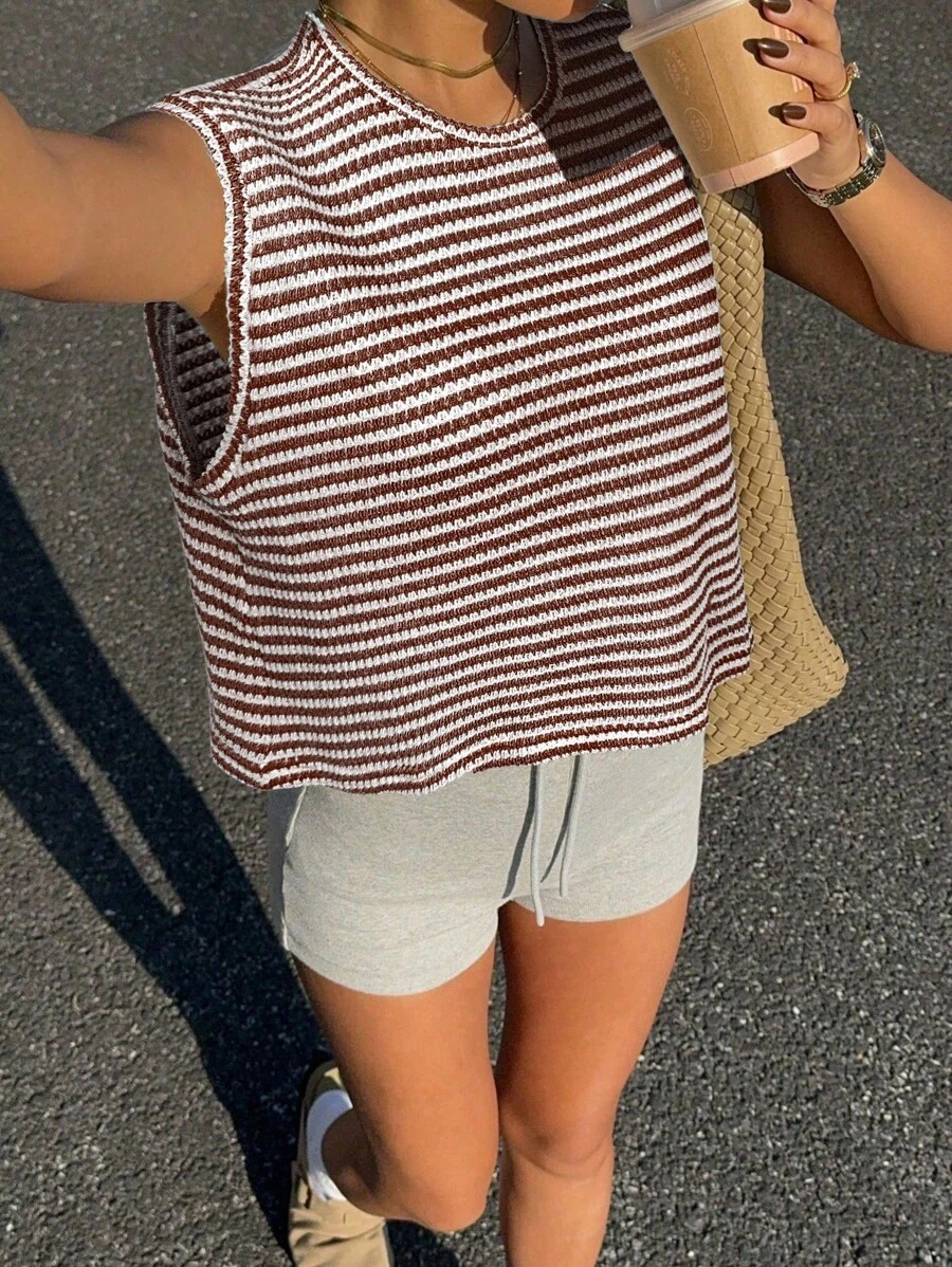 Siren Gaze 女式宽松纯色无袖背心，华夫格纹理，休闲百搭，春夏 - 咖啡棕 - 查看 1