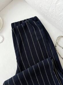 Elamini 女士休闲条纹宽松通勤裤，百搭日常穿着，学院风 - 藏蓝色 - 查看 5