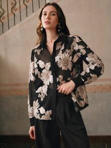 Anewsta 浪漫优雅花卉刺绣半透明休闲衬衫 - 黑色 - 查看 3