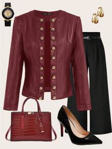 Ellevyn 优雅 PU 皮革都市休闲时尚百搭女士夹克，秋冬长袖 - 酒紅色 - 查看 1