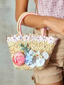 SHEIN ICON 女士，女式手提包，草编包，花朵，珍珠蝴蝶结，珍珠，时尚，优雅，简约，个性化，多功能，街头，甜美酷炫女孩，辣妹，千禧一代，适合海滩，度假，节日，夏季，海边 - 粉色 - 查看 1