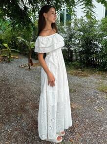 DAZY Women Open Shoulder Ruffle Hem Dress Vacation Maxi Dress - White - View 3