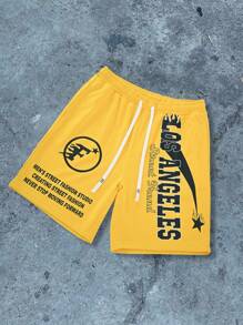 Manfinity LEGND Pantalones cortos casuales para hombre con estampado de lema y cintura con cordón - Amarillo - Ver 4