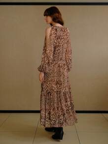 MOTF PREMIUM LEOPARD PRINT COLD SHOULDER LANTERN SLEEVE LACE TRIM FLOWY HEM LONG DRESS - Multicolor - View 3