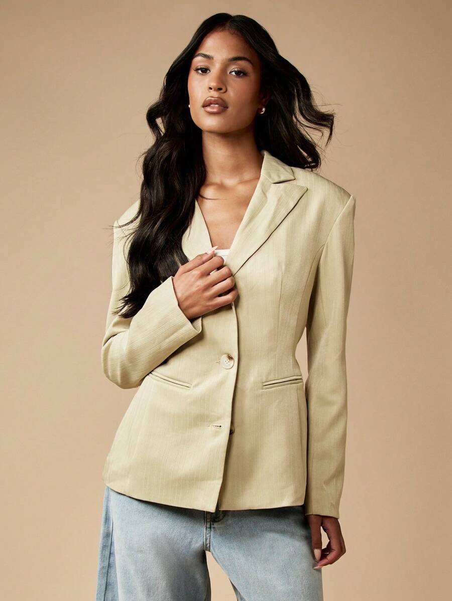 MISSGUIDED 专业办公室西装外套，后背系带细节，单排扣修身春秋西装外套，商务休闲工作服，经典翻领，优雅 - 綠色 - 查看 1