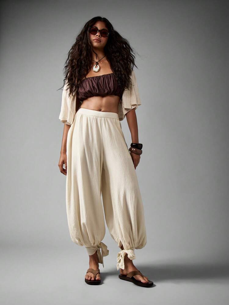 Gauze Harem Pants With Ankle Ties