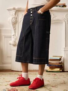 SWAVVY 个性化时尚纽扣口袋阔腿男士牛仔短裤 - 藍色 - 查看 1